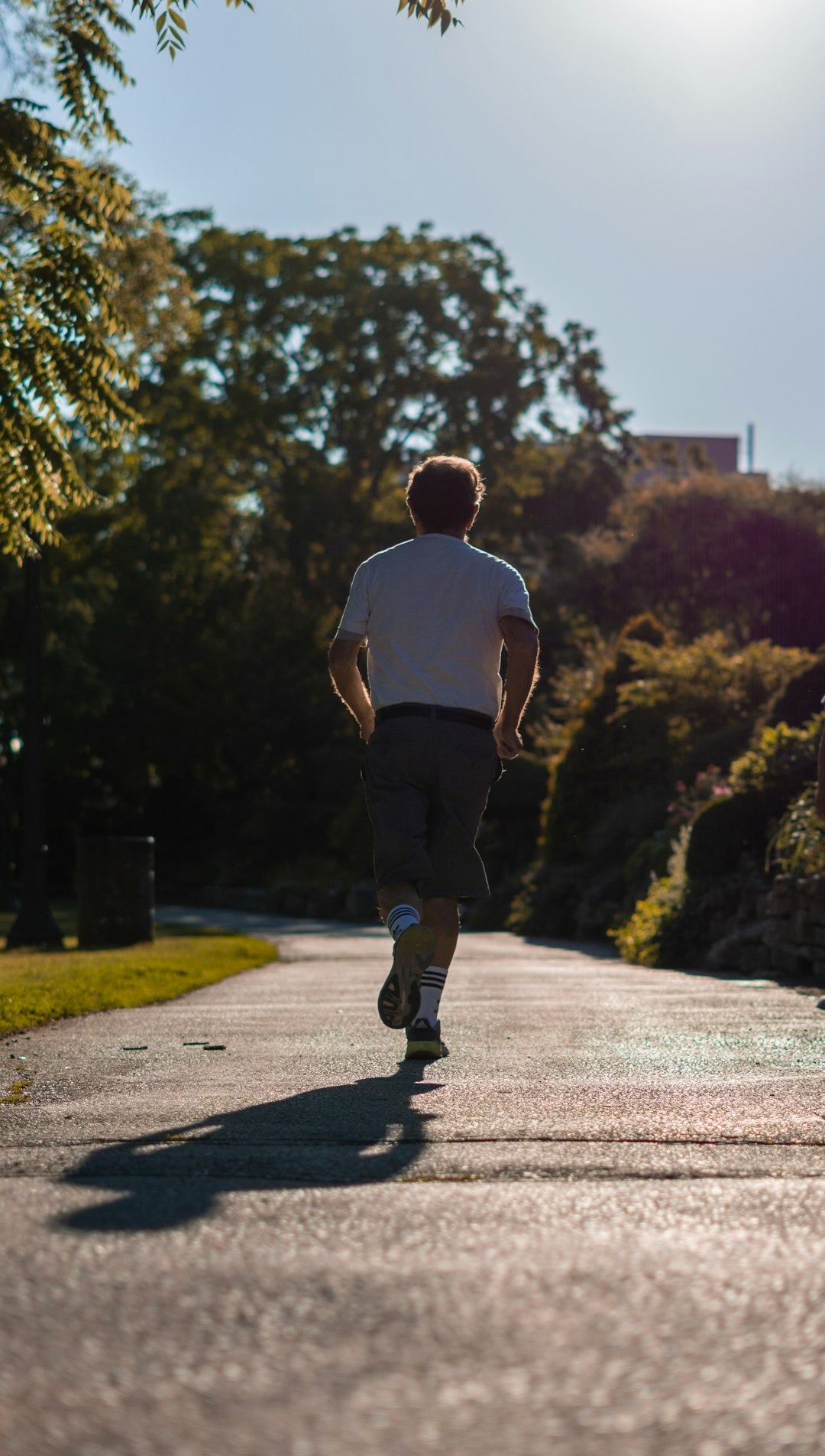 Runner on a paved path with green trees.