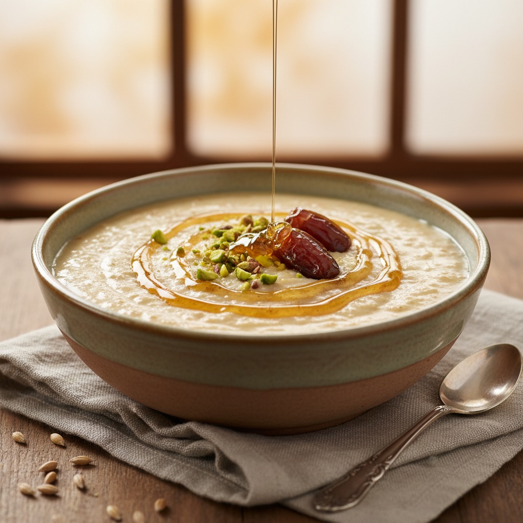 Honey is being poured onto a bowl of porridge topped with dates and pistachios.