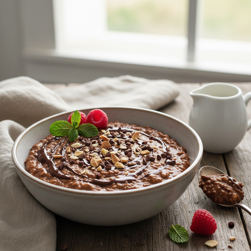 A bowl of chocolate oatmeal topped with sliced almonds, cacao nibs, raspberries, and a mint sprig sits on a rustic wooden table next to a small white pitcher and a spoon.