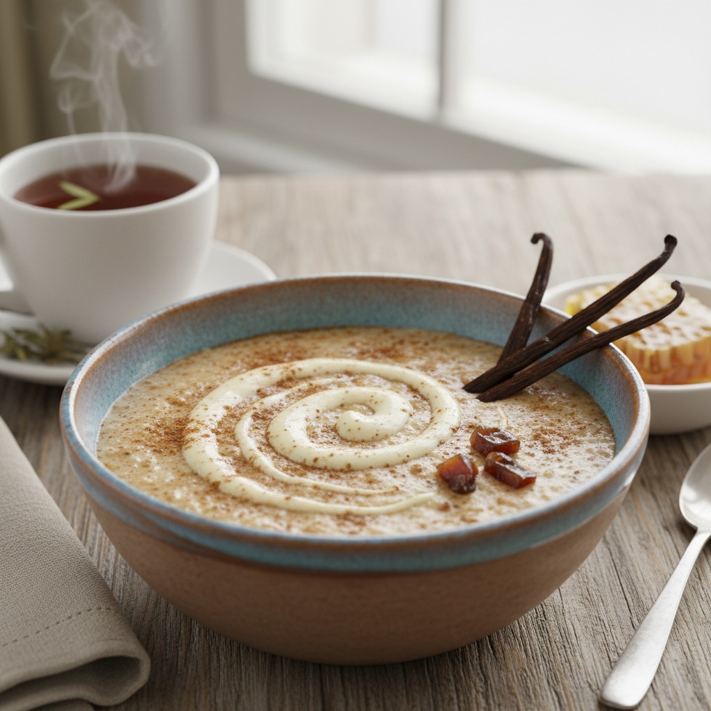 A ceramic bowl of warm porridge garnished with a swirl of cream, cinnamon, and vanilla beans rests on a wooden table with a steaming cup of tea.