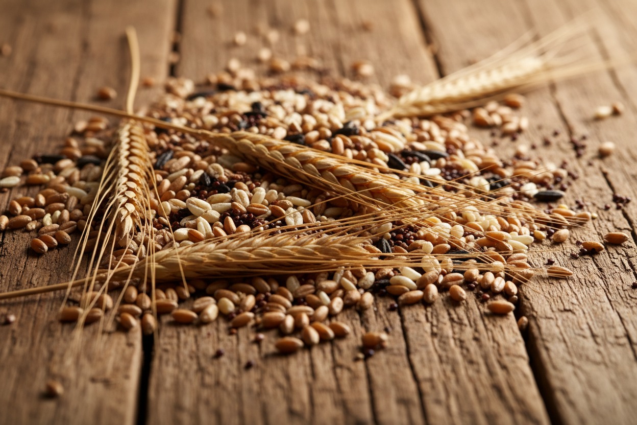 Various grains and wheat stalks are scattered on a rustic wooden table.